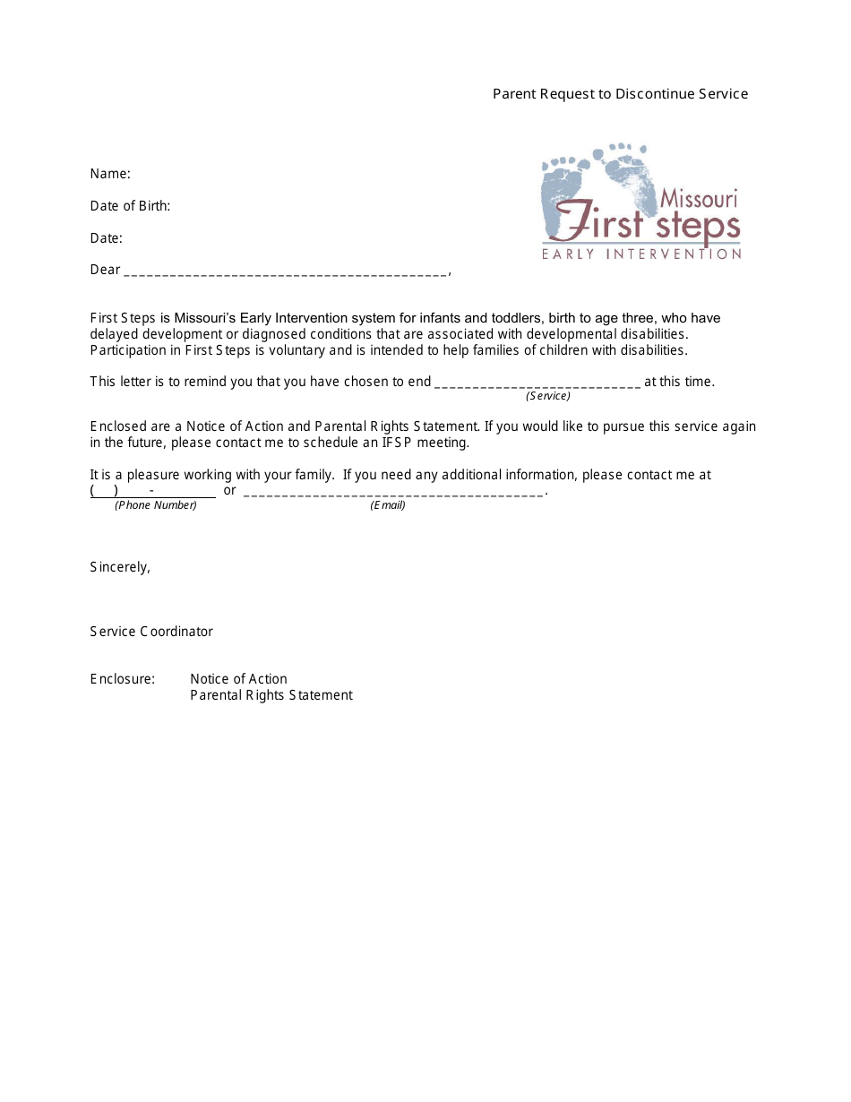 Parent Request to Discontinue Service Letter - Missouri, Page 1