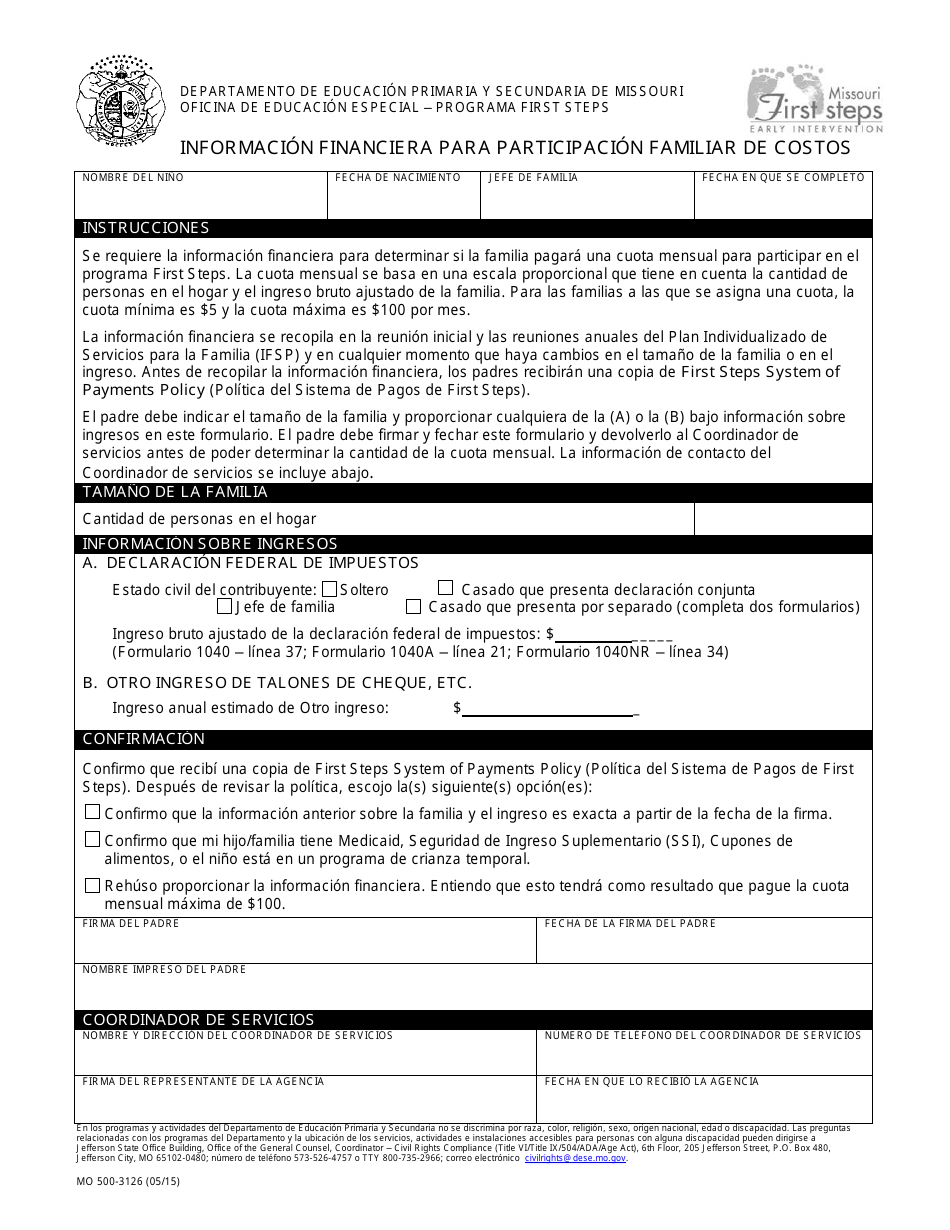 Formulario MO500-3126 Informacion Financiera Para Participacion Familiar De Costos - Missouri (Spanish), Page 1