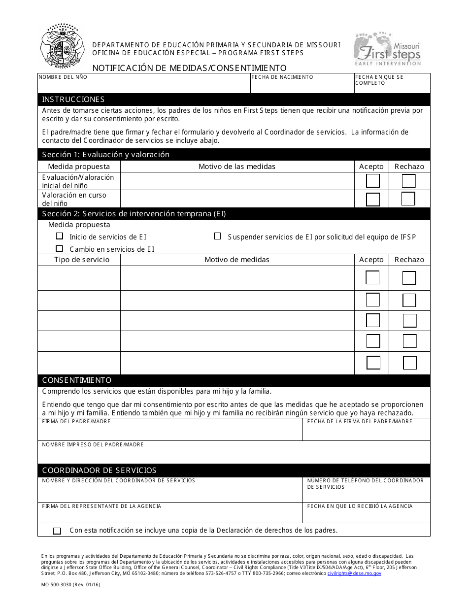 Formulario MO500-3030 Notificacion De Medidas/Consentimiento - Missouri (Spanish), Page 1