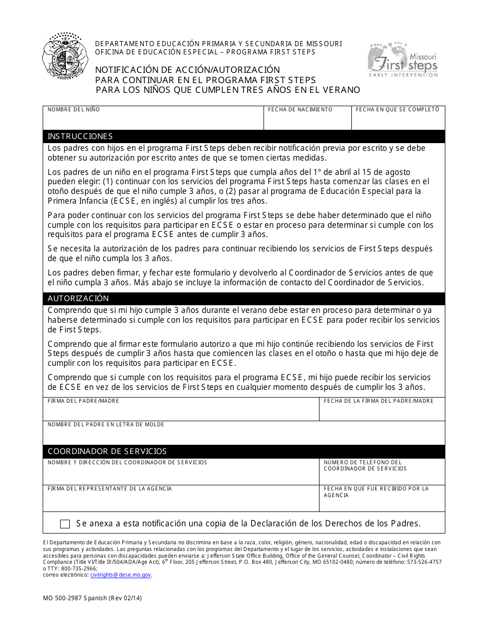 Formulario MO500-2987 Notificacion De Accion / Autorizacion Para Continuar En El Programa First Steps Para Los Ninos Que Cumplen Tres Anos En El Verano - Missouri (Spanish), Page 1