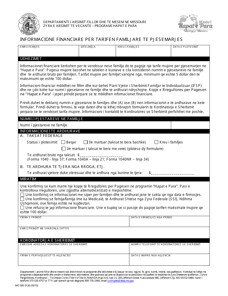 Form MO500-3126 Financial Information for Family Cost Participation - Missouri (Albanian), Page 1
