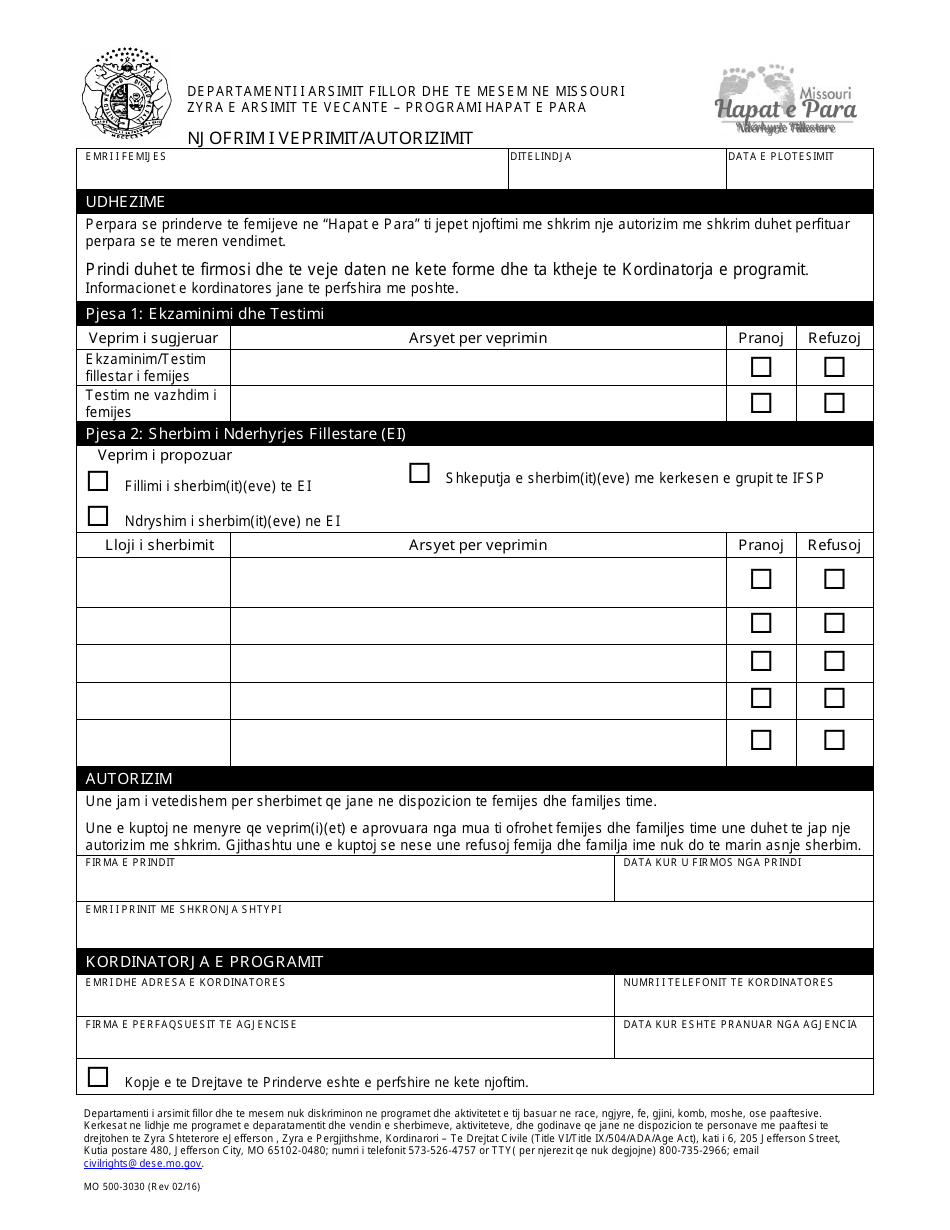Form MO500-3030 Notice of Action / Consent - Missouri (Albanian), Page 1
