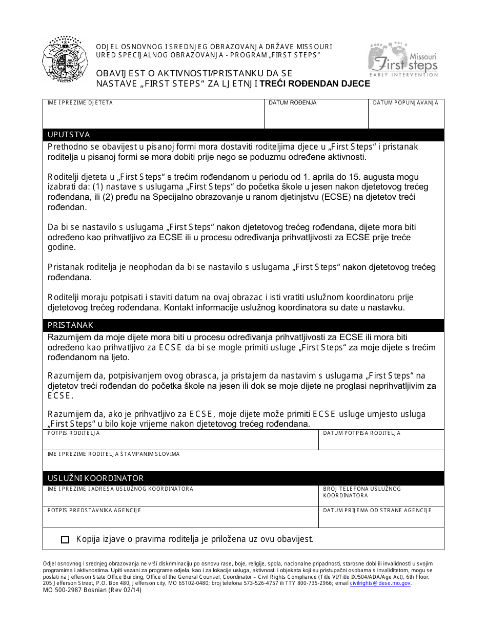 Form MO500-2987 Notice of Action / Consent to Continue First Steps for Summer Third Birthday Children - Missouri (Bosnian), Page 1
