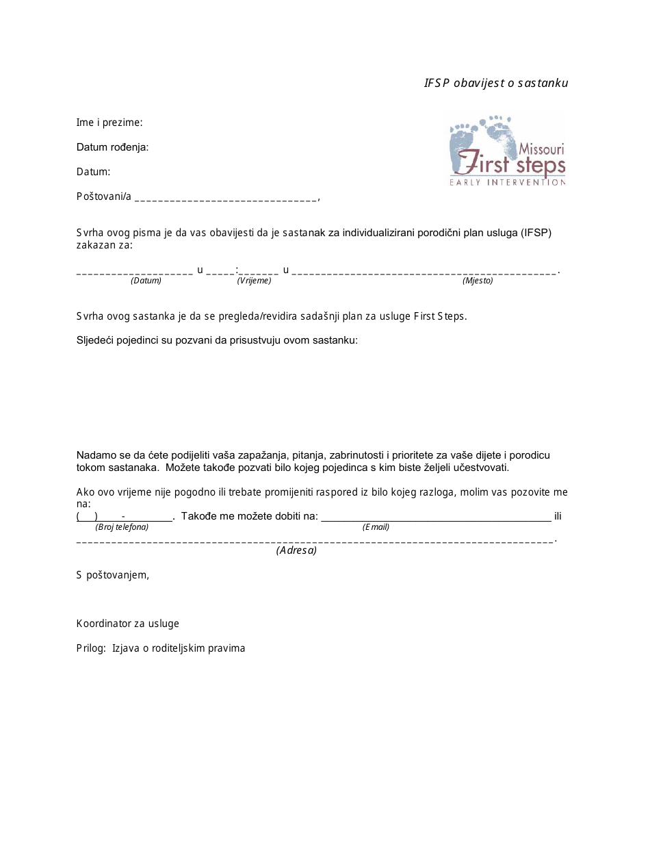 Ifsp Meeting Notification Letter - Missouri (Bosnian), Page 1