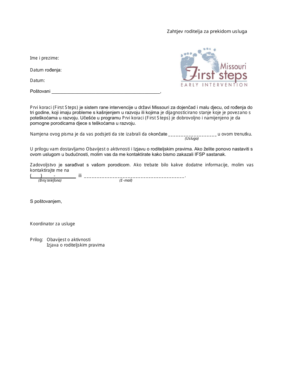 Parent Request to Discontinue Service Letter - Missouri (Bosnian), Page 1