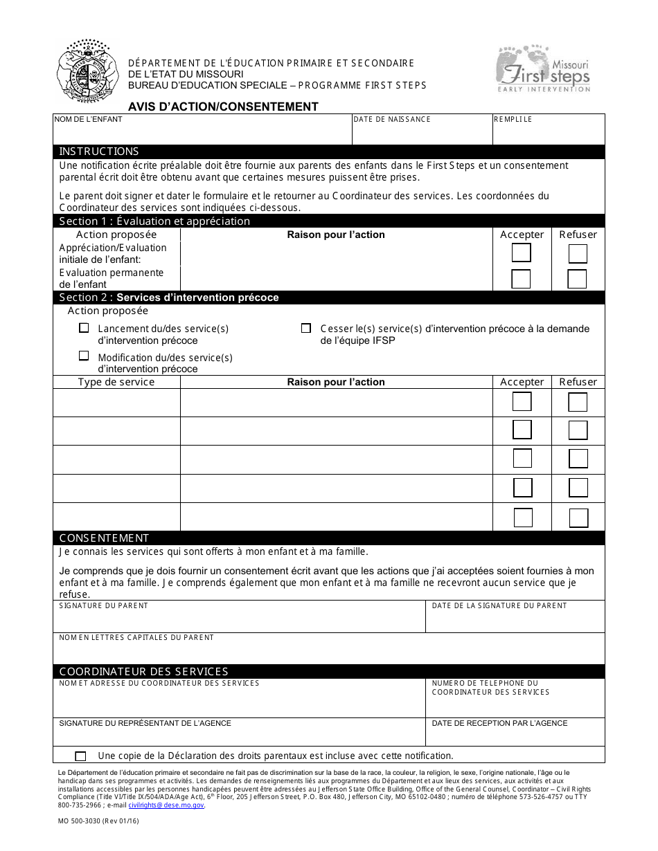 Form MO500-3030 Notice of Action / Consent - Missouri (French), Page 1