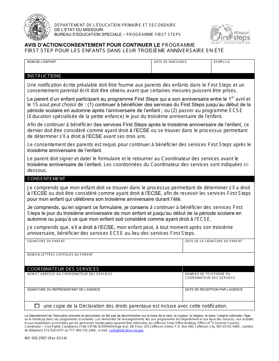 Form MO500-2987 Notice of Action / Consent to Continue First Steps for Summer Third Birthday Children - Missouri (French), Page 1