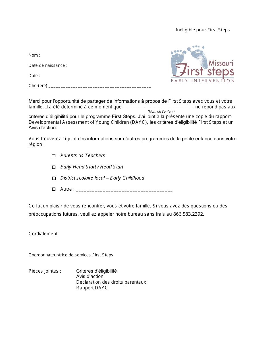 Ineligible for First Steps Letter - Missouri (French), Page 1