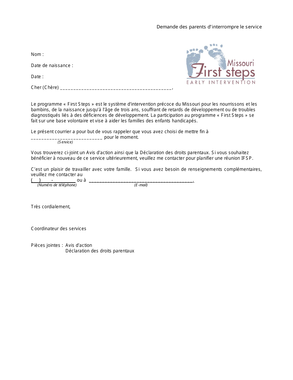 Parent Request to Discontinue Service Letter - Missouri (French), Page 1