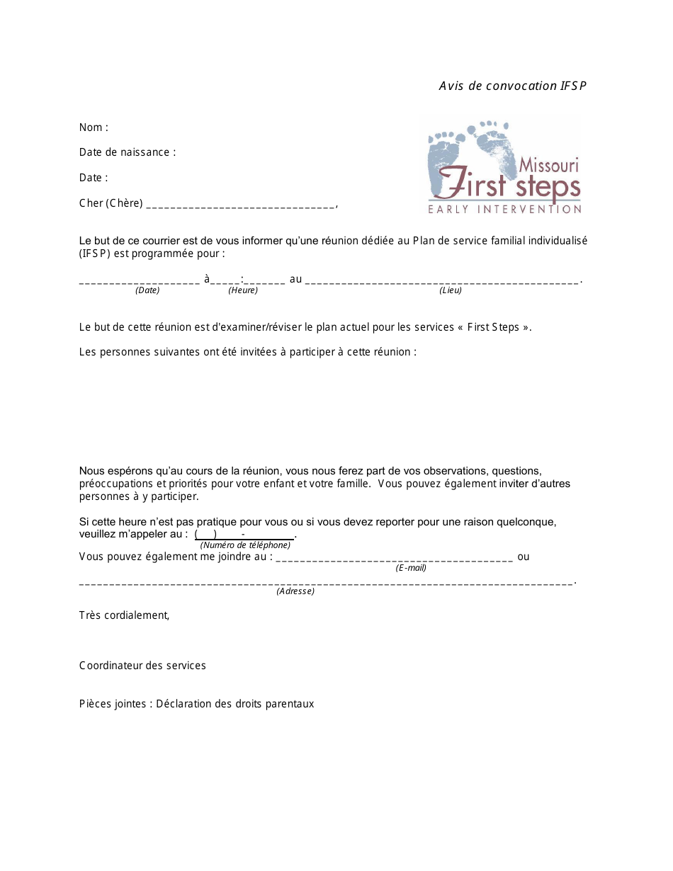 Ifsp Meeting Notification Letter - Missouri (French), Page 1