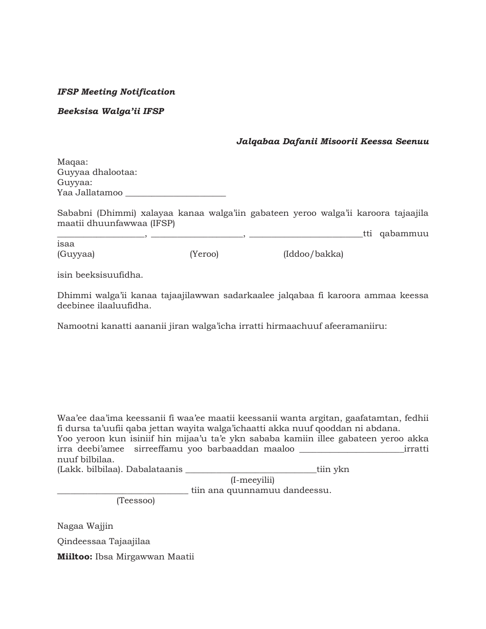 Ifsp Meeting Notification Letter - Missouri (Oromo), Page 1