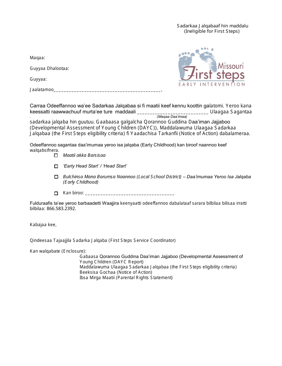 Ineligible for First Steps Letter - Missouri (Oromo), Page 1