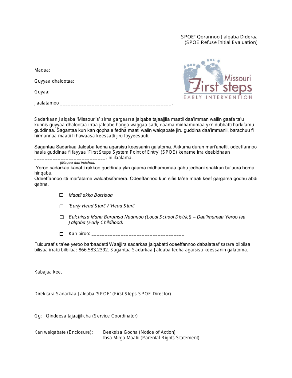 Spoe Refuse Initial Evaluation Letter - Missouri (Oromo), Page 1