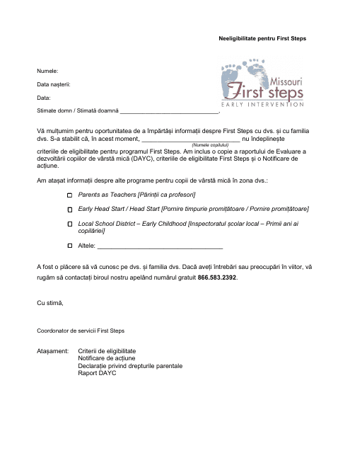 Ineligible for First Steps Letter - Missouri (Romanian) Download Pdf