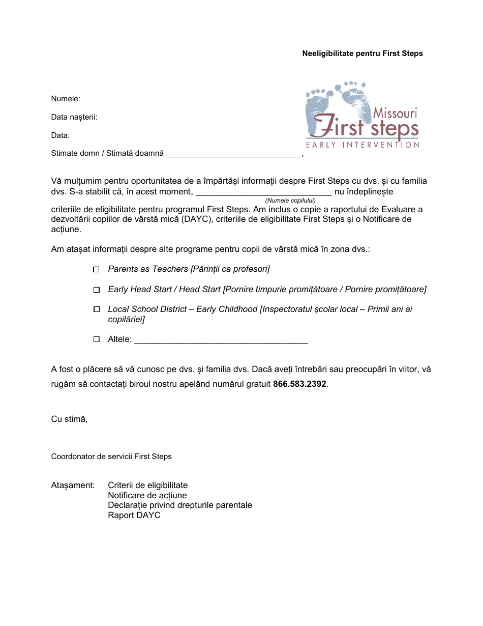 Ineligible for First Steps Letter - Missouri (Romanian), Page 1
