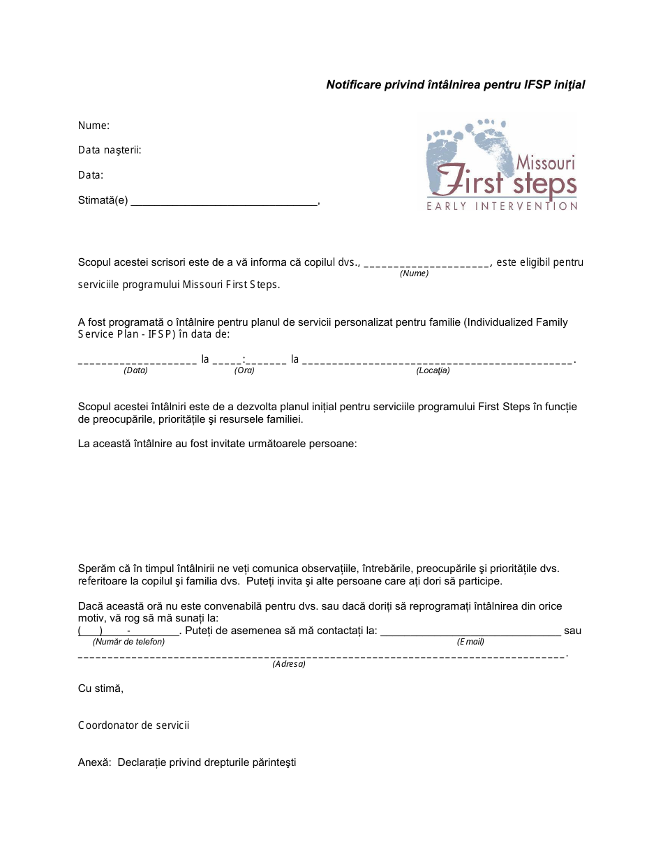Initial Ifsp Meeting Notification Letter - Missouri (Romanian), Page 1