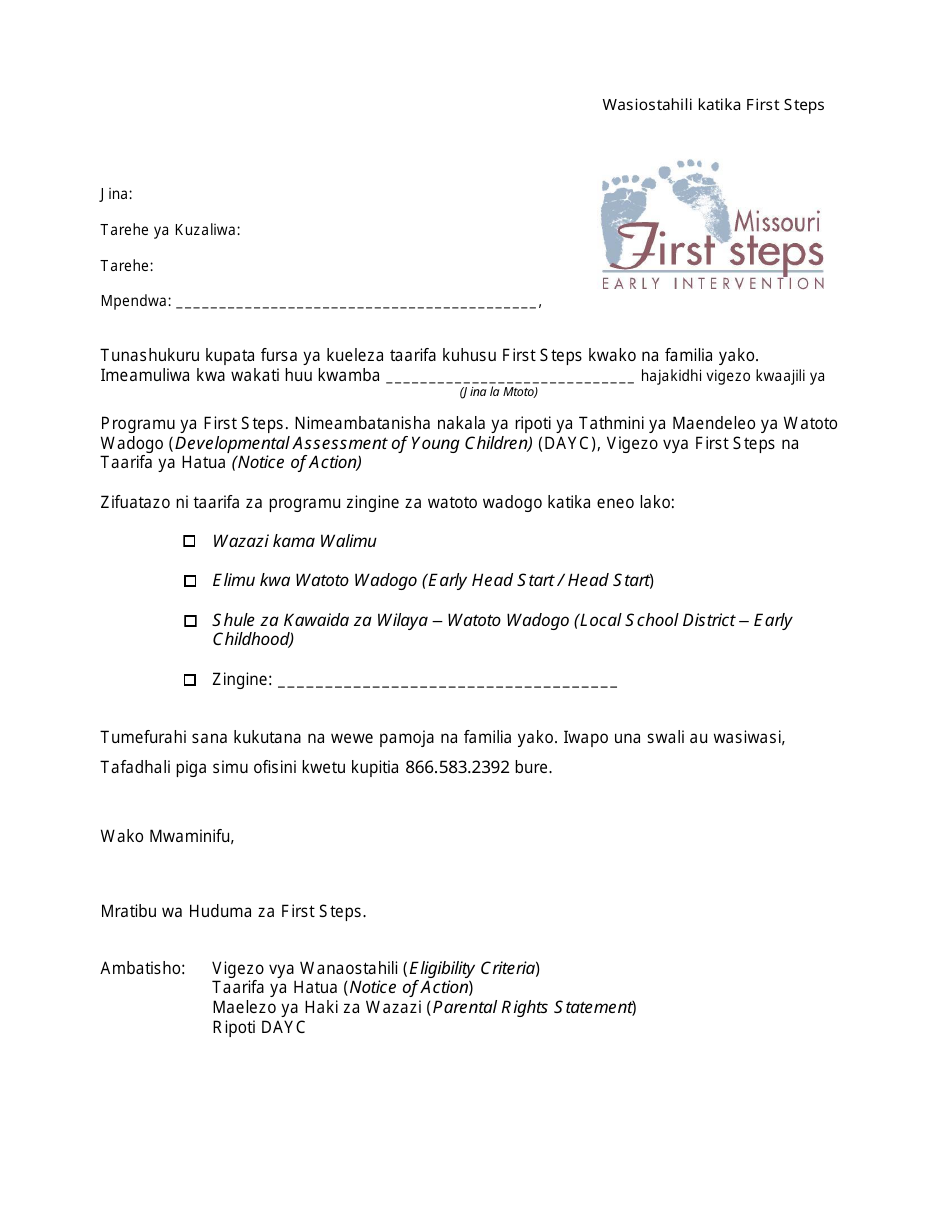 Ineligible for First Steps Letter - Missouri (Swahili), Page 1