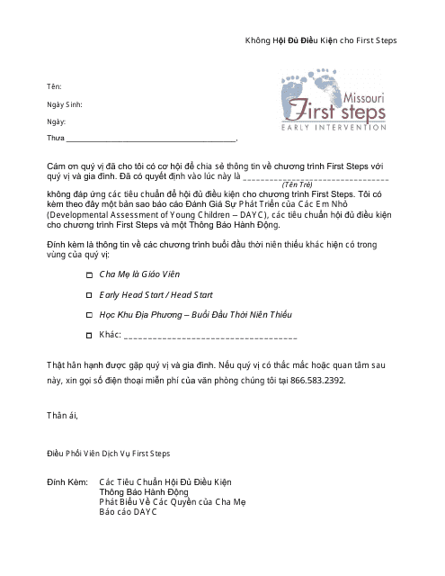 Ineligible for First Steps Letter - Missouri (Vietnamese)