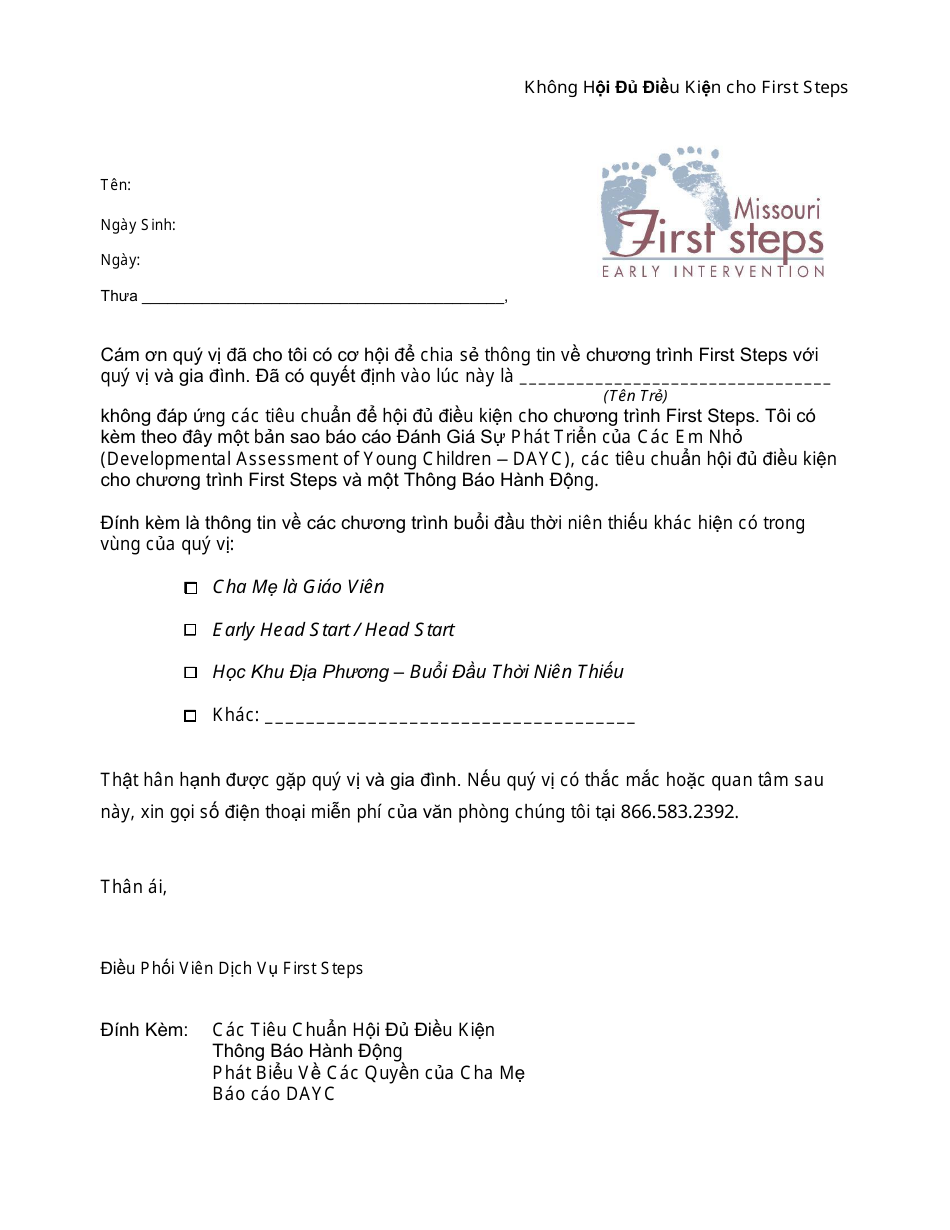 Ineligible for First Steps Letter - Missouri (Vietnamese), Page 1