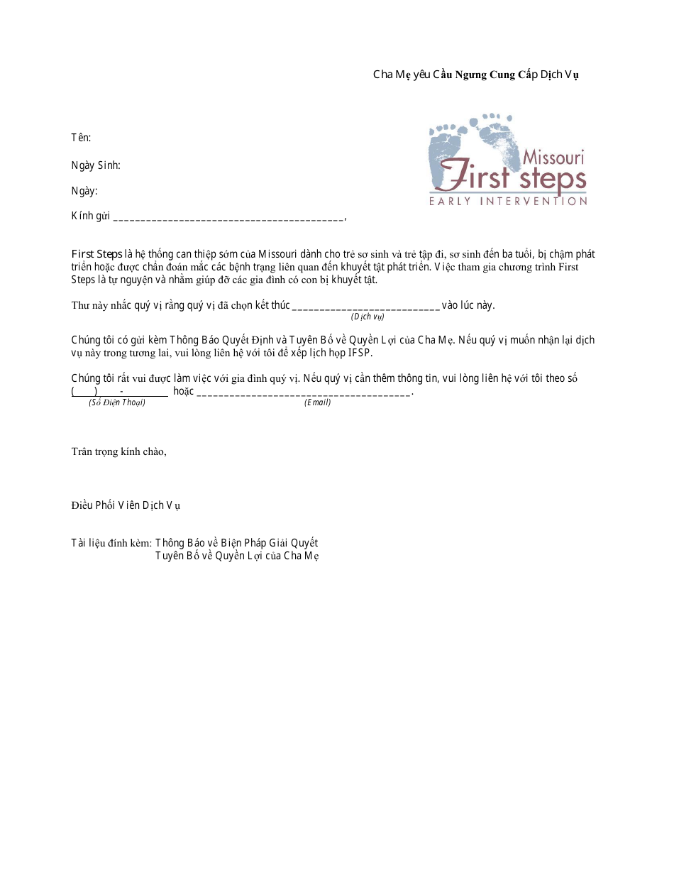 Parent Request to Discontinue Service Letter - Missouri (Vietnamese), Page 1