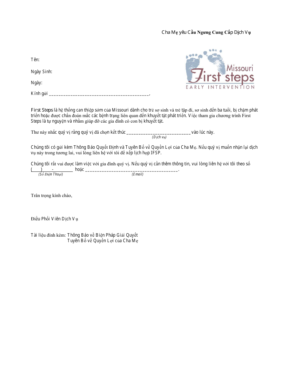 Missouri Parent Request to Discontinue Service Letter (Vietnamese Missouri Parent Request to Discontinue Service Letter (Vietnamese