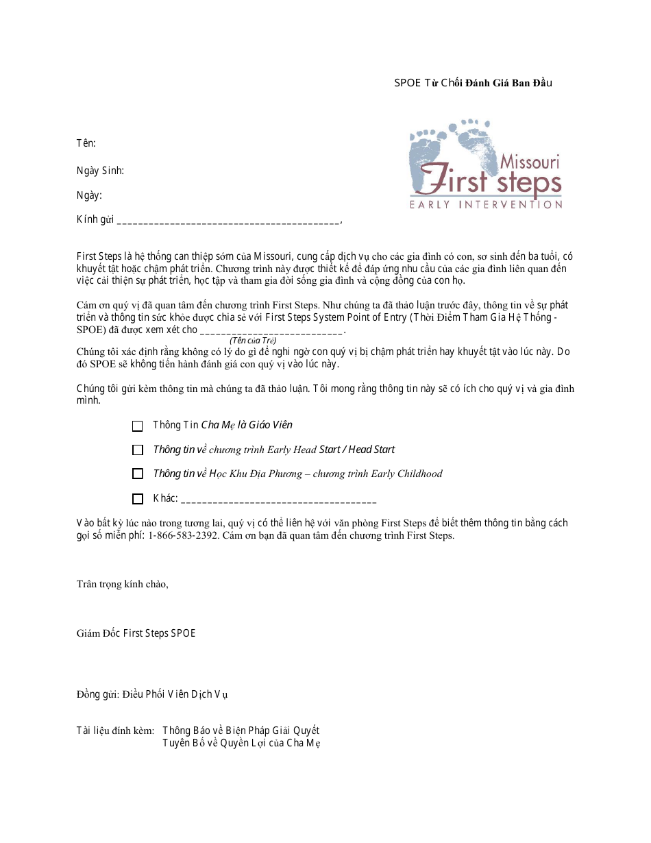 Spoe Refuse Initial Evaluation Letter - Missouri (Vietnamese), Page 1