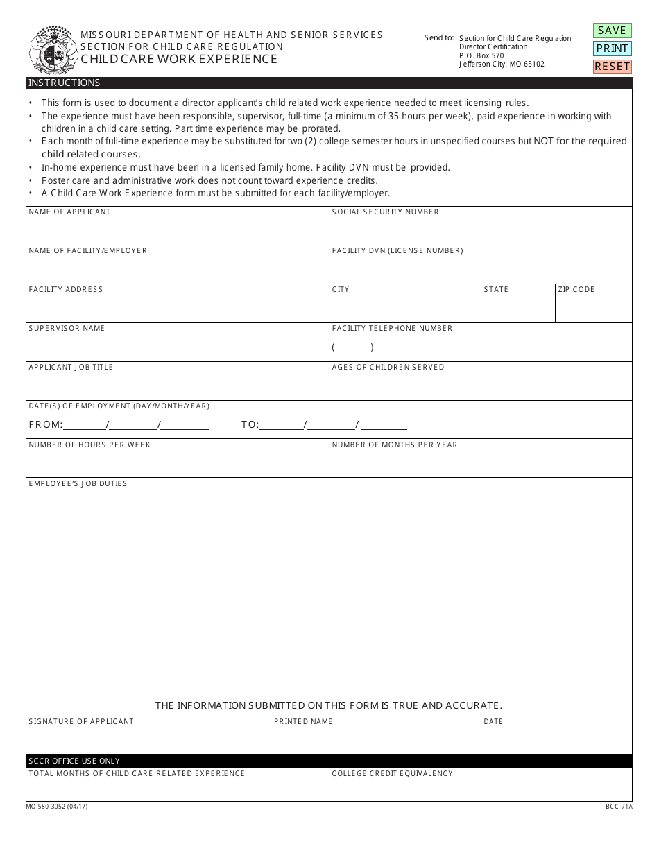 Form MO580-3052 (BCC-71A) Child Care Work Experience - Missouri, Page 1