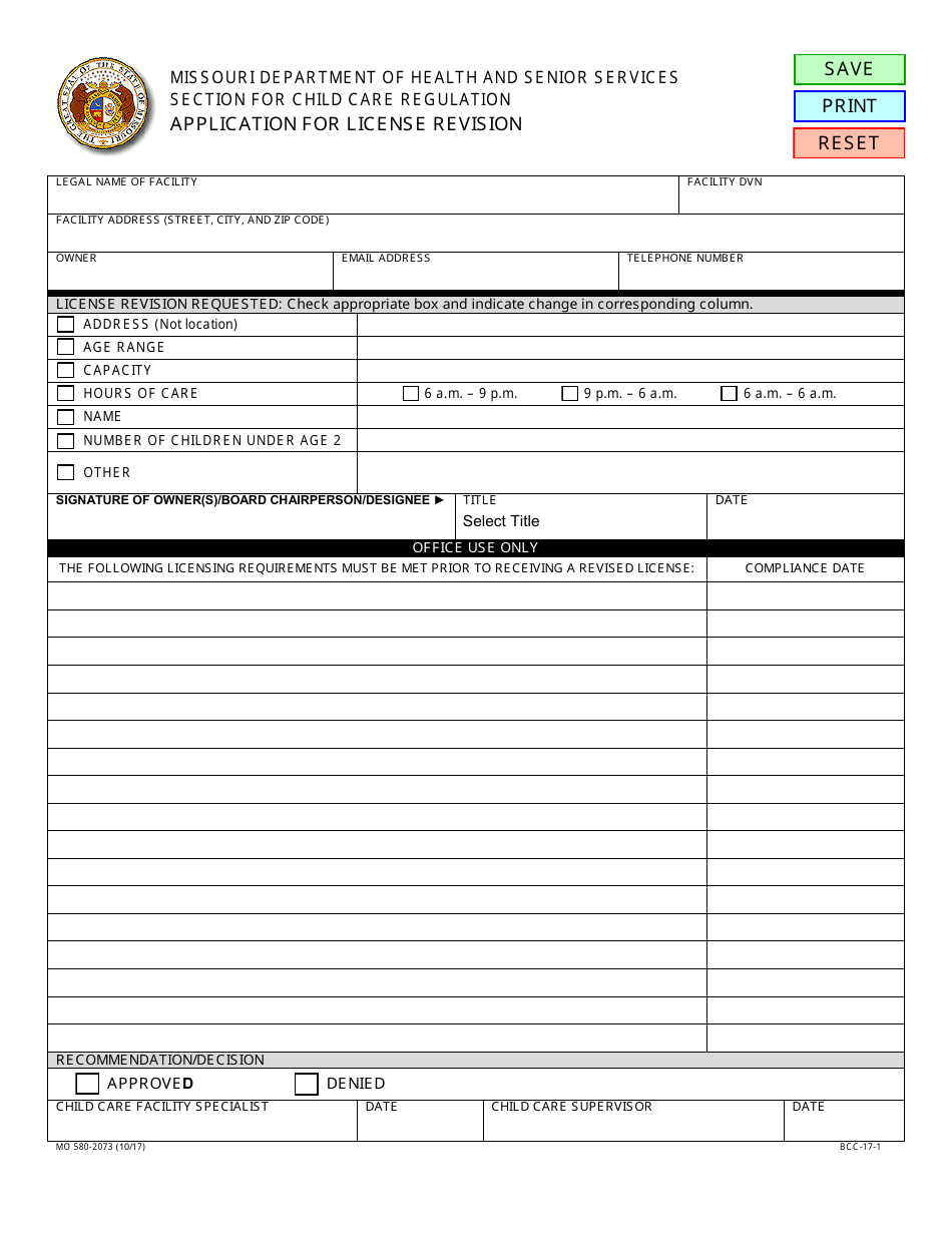 Form MO580-2073 Application for License Revision - Missouri, Page 1