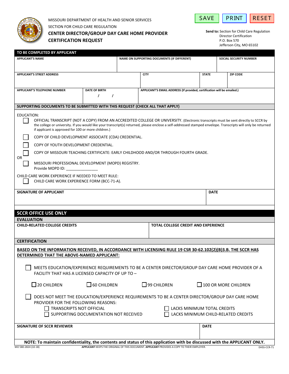 Form MO580-2824 Center Director / Group Day Care Home Provider Certification Request - Missouri, Page 1