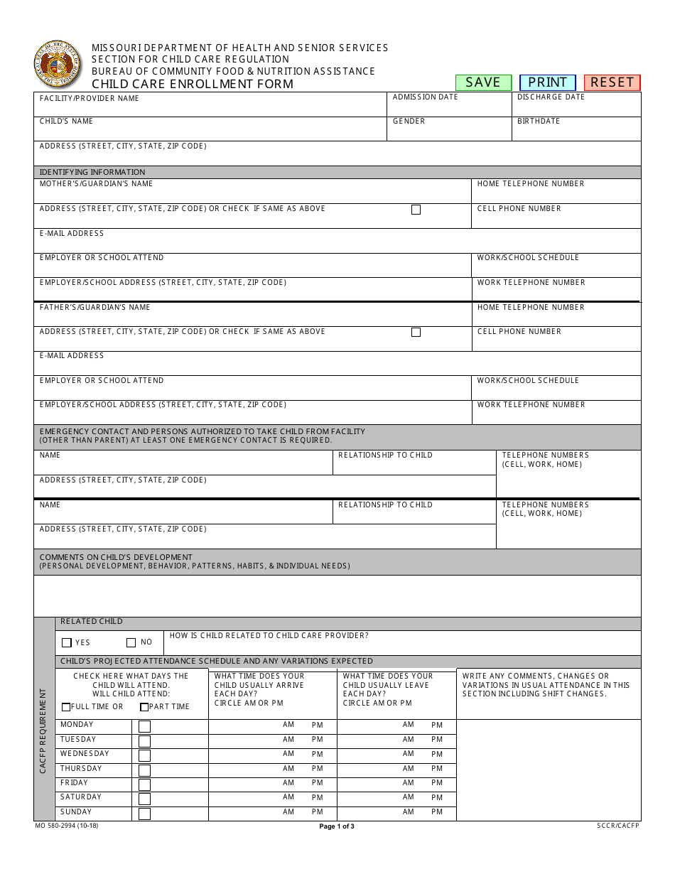 Form MO580-2994 Child Care Enrollment Form - Missouri, Page 1