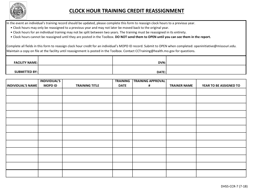 Form DHSS-CCR-7 Clock Hour Training Credit Reassignment - Missouri