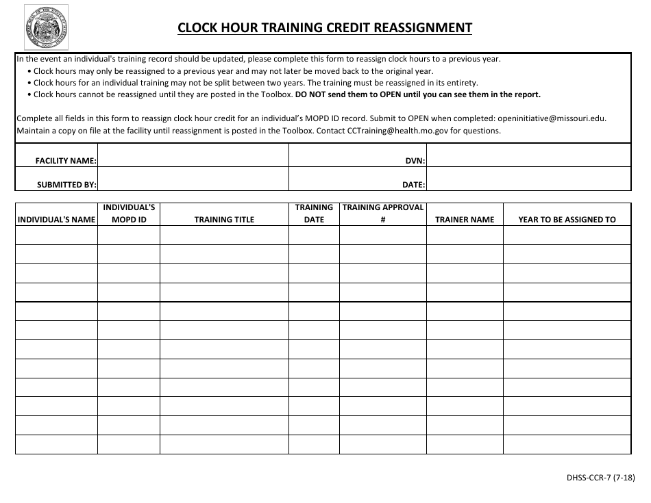 Form DHSS-CCR-7 Clock Hour Training Credit Reassignment - Missouri, Page 1