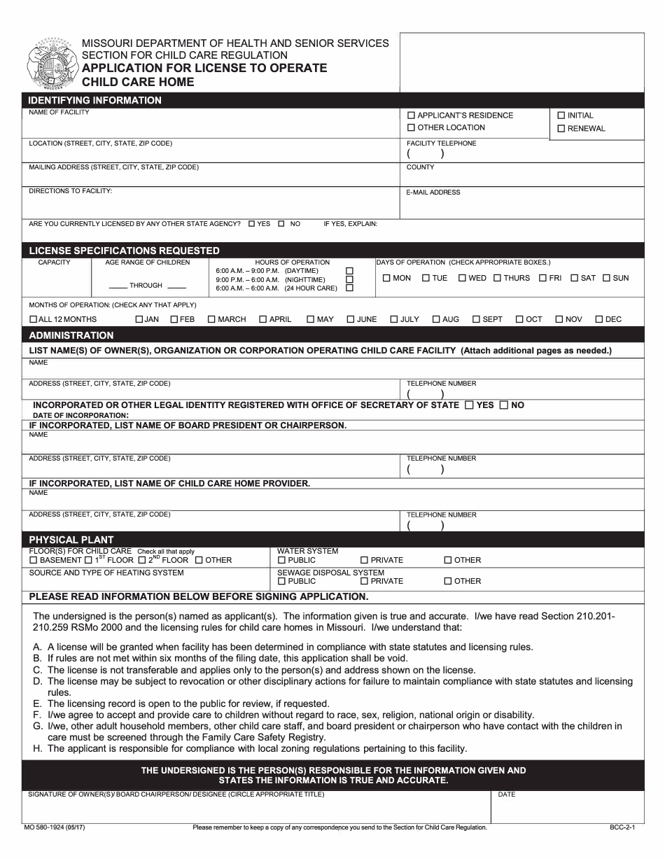Form MO580-1924 Application for License to Opera Te Child Care Home - Missouri, Page 1