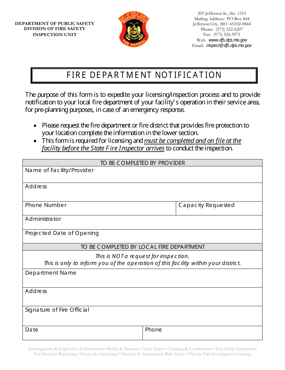 Fire Department Notification Form - Missouri, Page 1