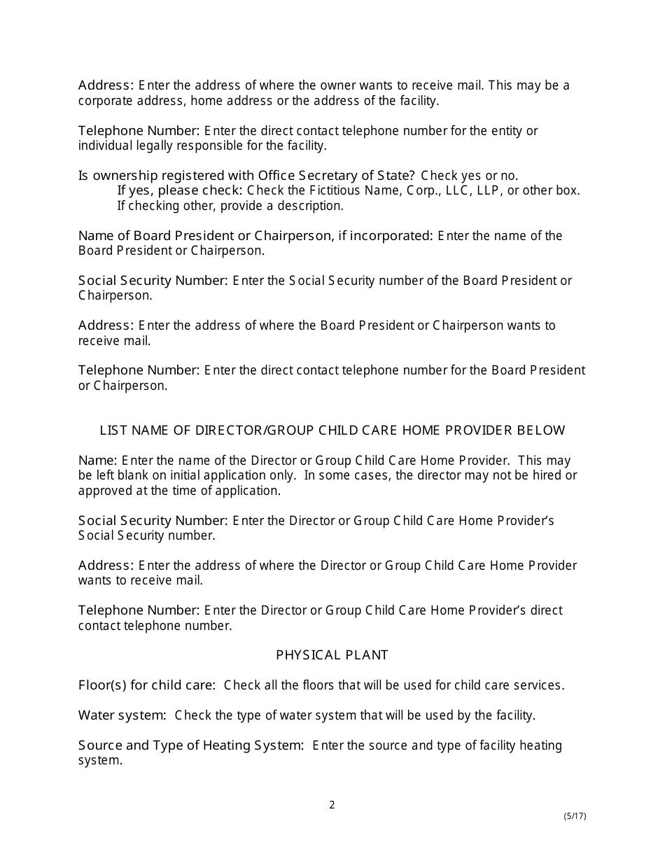 Instructions for Form BCC-1 Application for License to Operate Group Child Care Home and Child Care Center - Missouri, Page 2
