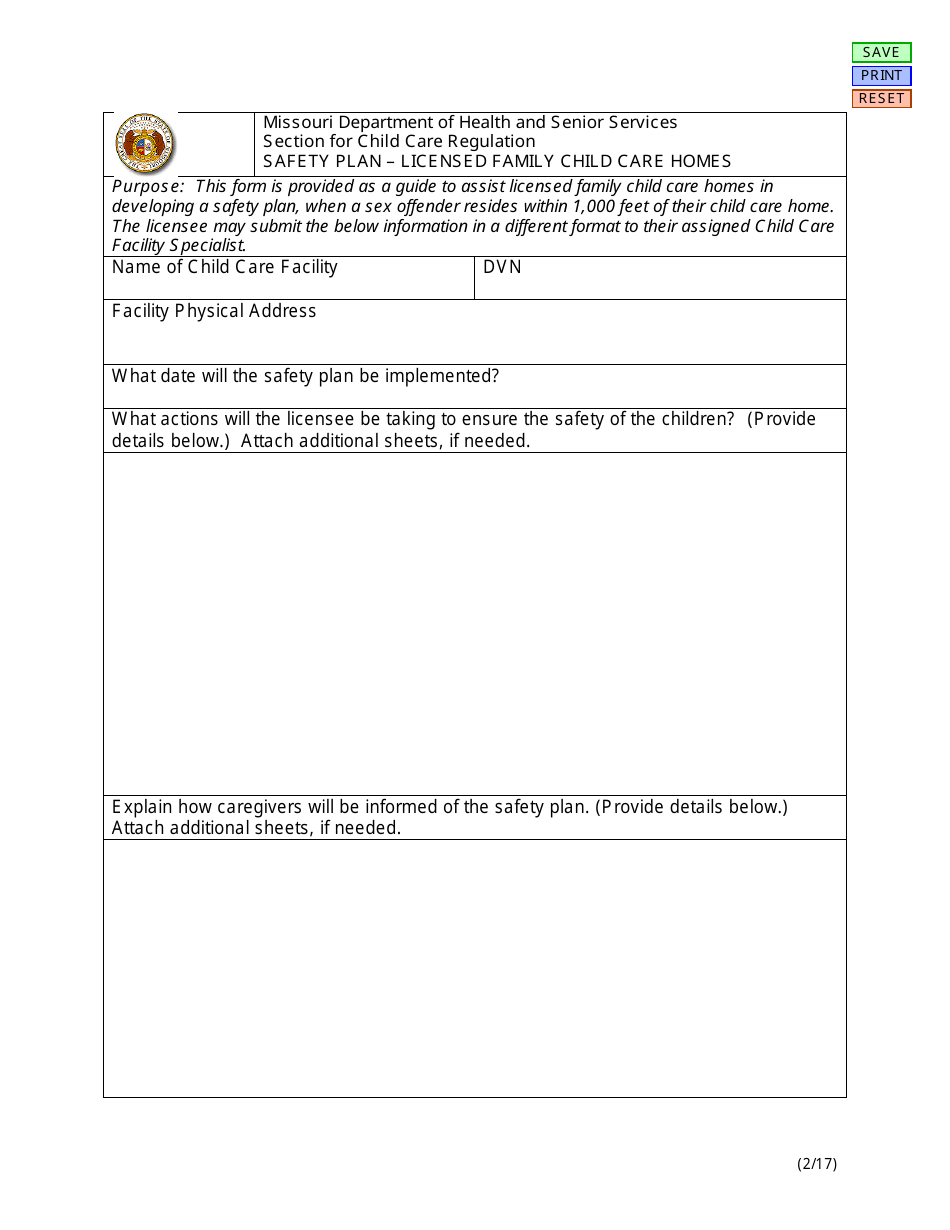 Safety Plan - Licensed Family Child Care Homes - Missouri, Page 1