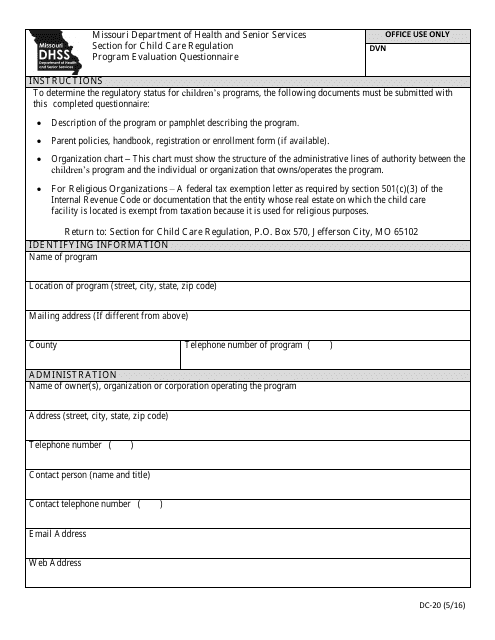 Form DC-20 Program Evaluation Questionnaire - Missouri