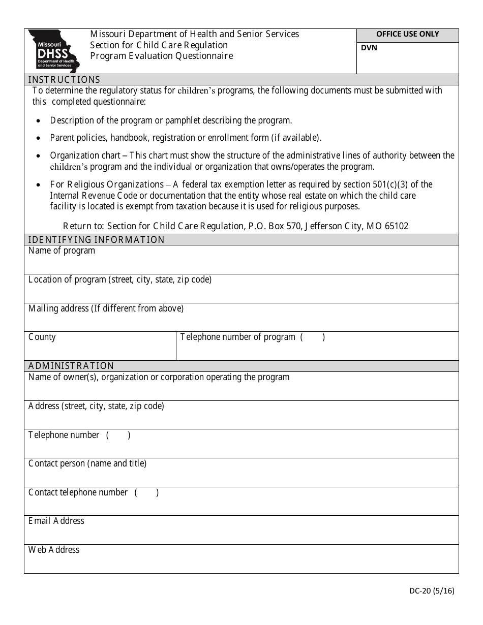 Form DC-20 Program Evaluation Questionnaire - Missouri, Page 1