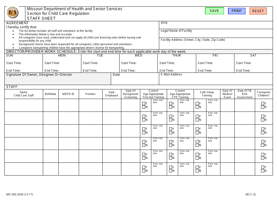 Form MO580-2039 Staff Sheet - Missouri, Page 1