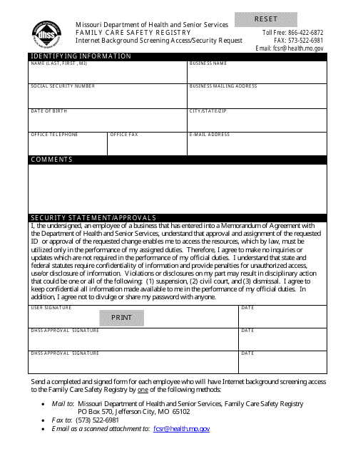 Internet Background Screening Access/Security Request Form - Missouri