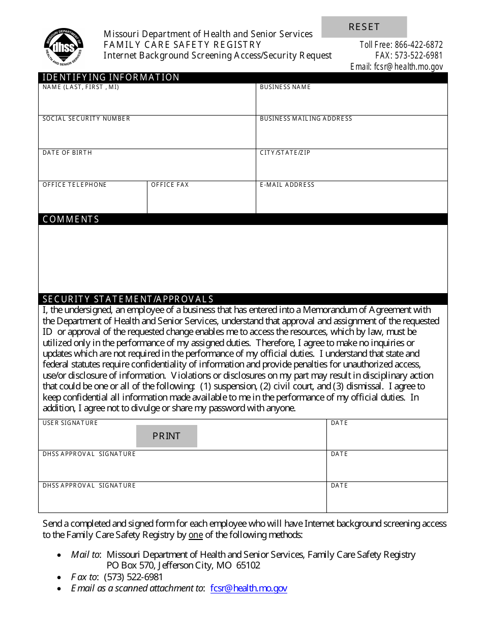 Internet Background Screening Access / Security Request Form - Missouri, Page 1