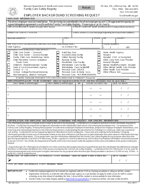 Form MO580-2422 Employer Background Screening Request - Missouri