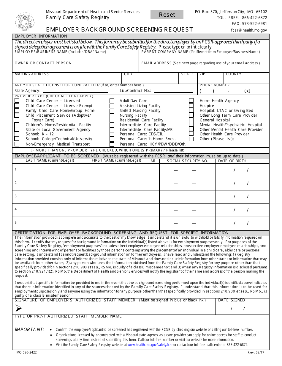 Form MO580-2422 Employer Background Screening Request - Missouri, Page 1