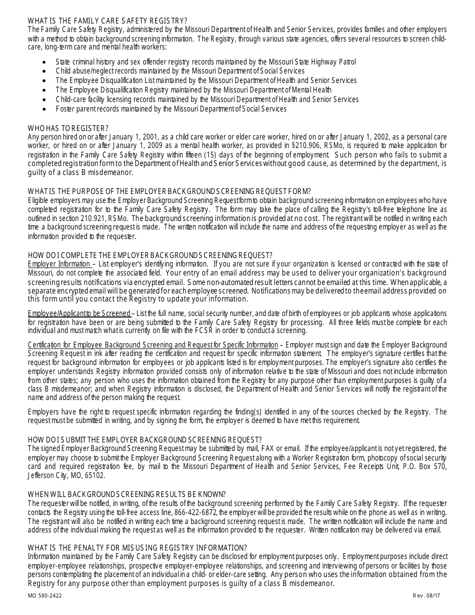 Form MO580-2422 Employer Background Screening Request - Missouri, Page 2