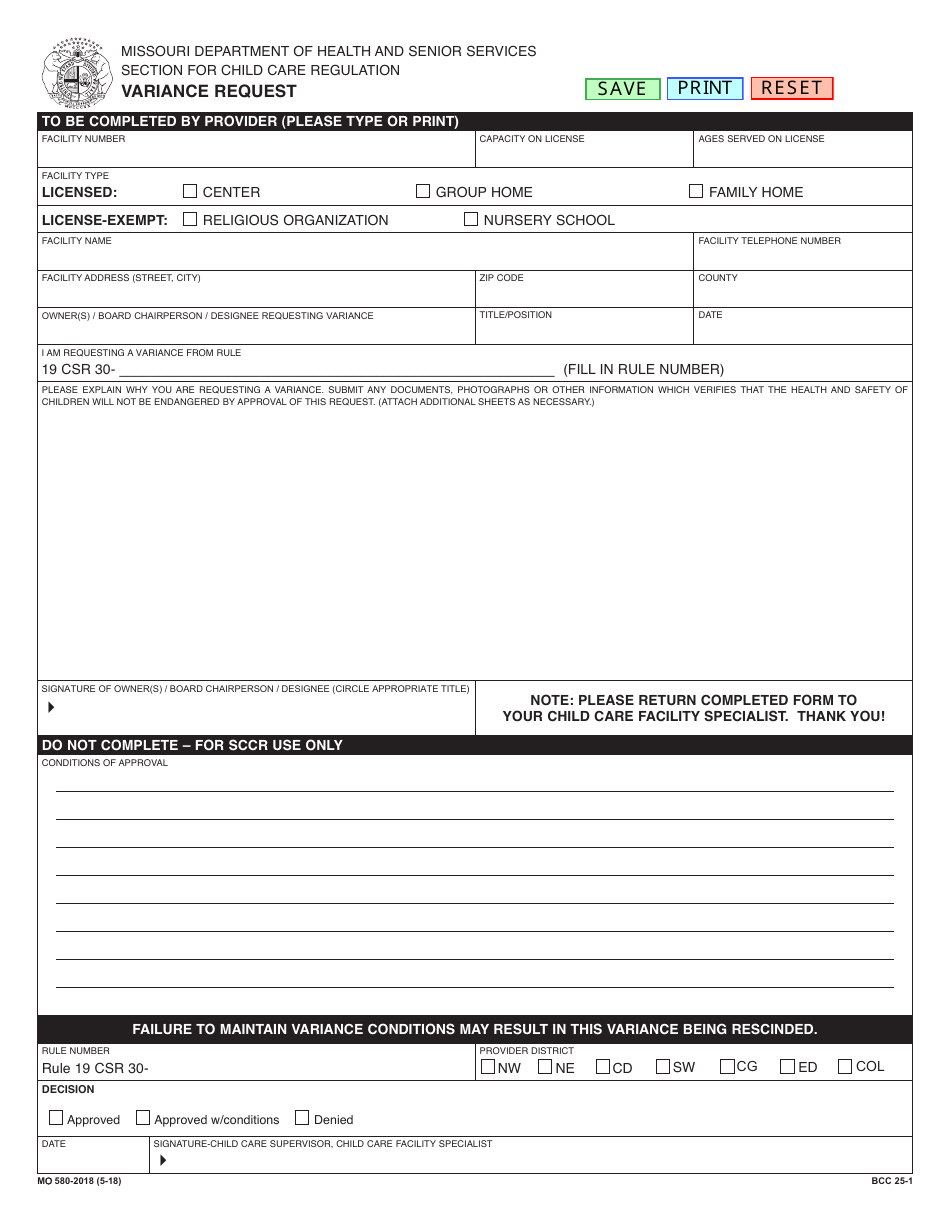 Form MO580-2018 Variance Request - Missouri, Page 1
