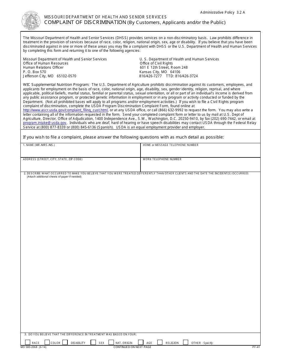 Form MO580-2068 Complaint of Discrimination (By Customers, Applicants and / or the Public) - Missouri, Page 1