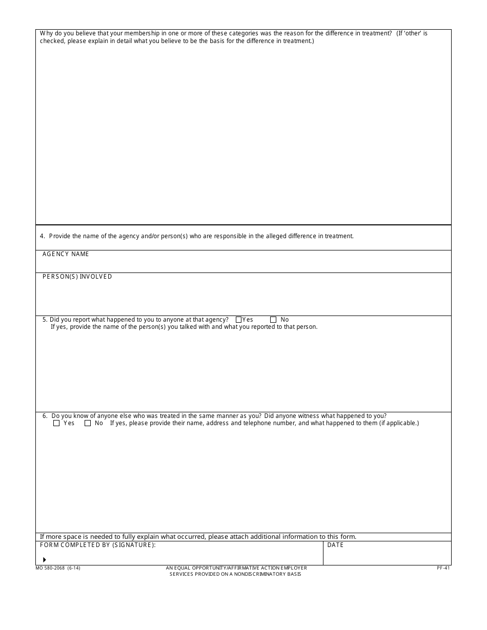 Form MO580-2068 Complaint of Discrimination (By Customers, Applicants and / or the Public) - Missouri, Page 2