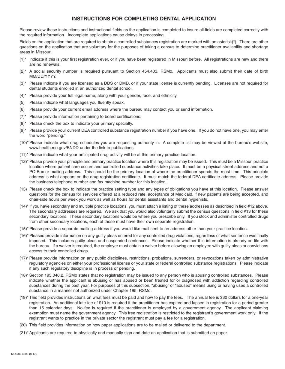 Form MO580-3009 Dental Application for a Controlled Substances Registration and Practitioner Availability Census - Missouri, Page 2