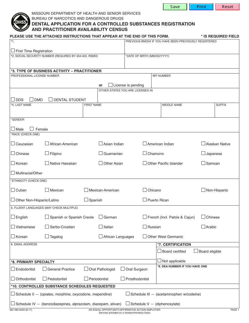 Form MO580-3009 Dental Application for a Controlled Substances Registration and Practitioner Availability Census - Missouri, Page 3