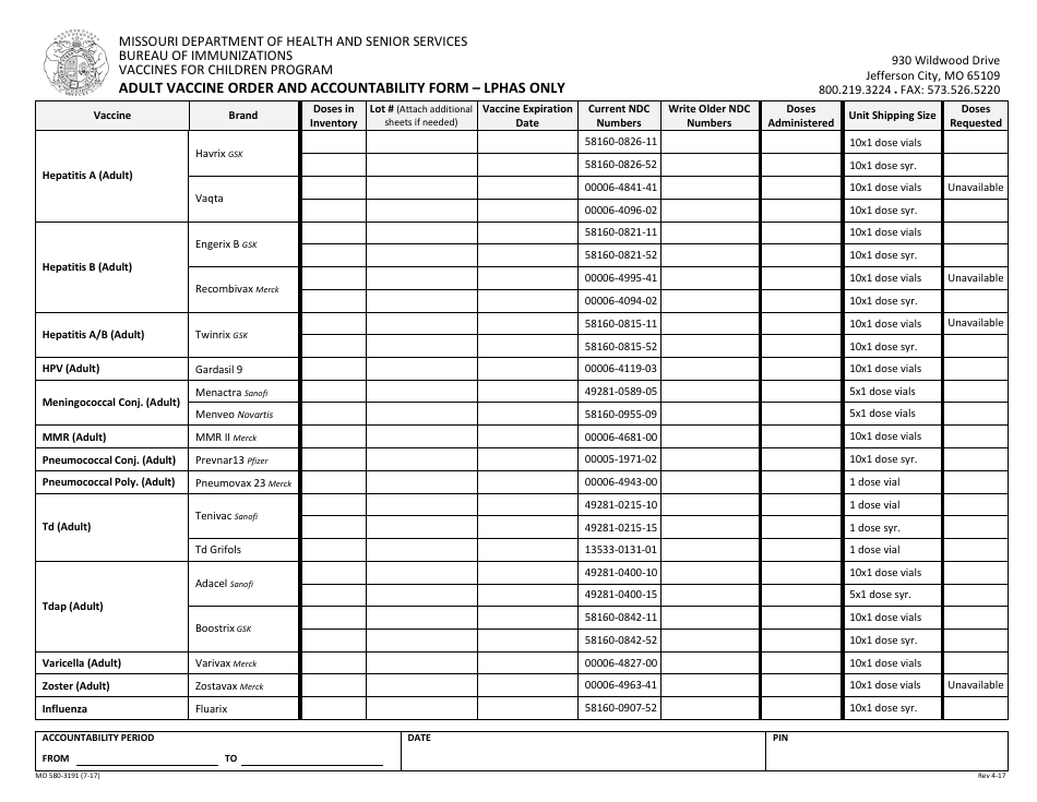 Form MO580-319 Adult Vaccine Order and Accountability Form - Lphas Only - Missouri, Page 1